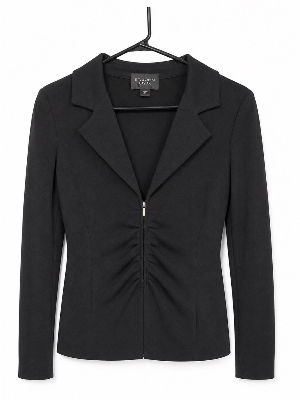 St. John Caviar Black Knit Ruched Zip Front Blazer Jacket Size 8